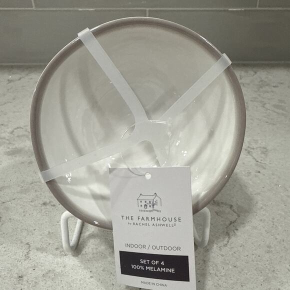 Set 4 Melamine 4” DIP Small Bowls Farmhouse Ashwell WHITE GRAY / TAUPE RIM - New - Picture 1 of 4